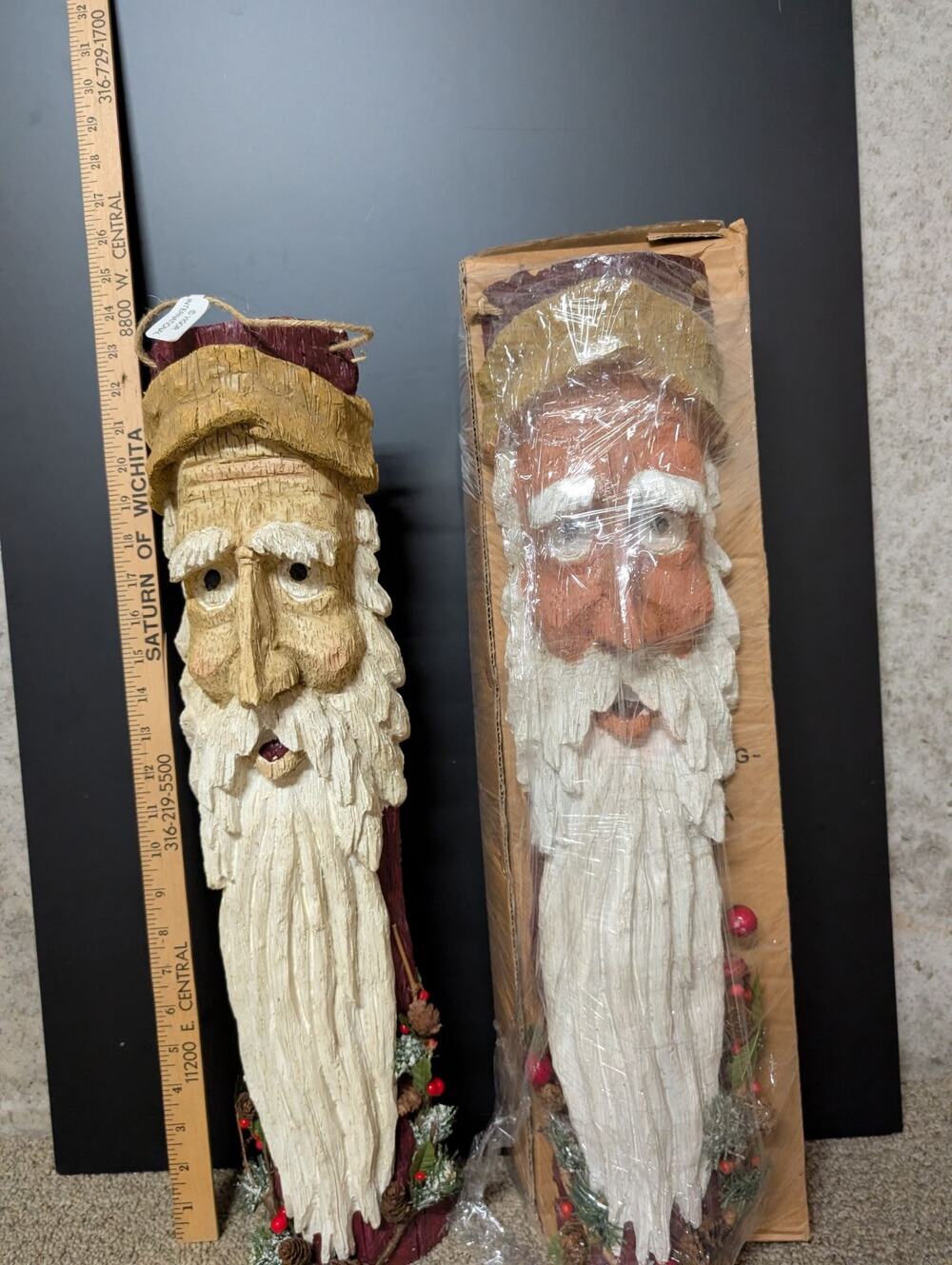 Set of 2 24" Rustic Faux Wood Carved Santa Wall Hangings Resin Bark Look Pair